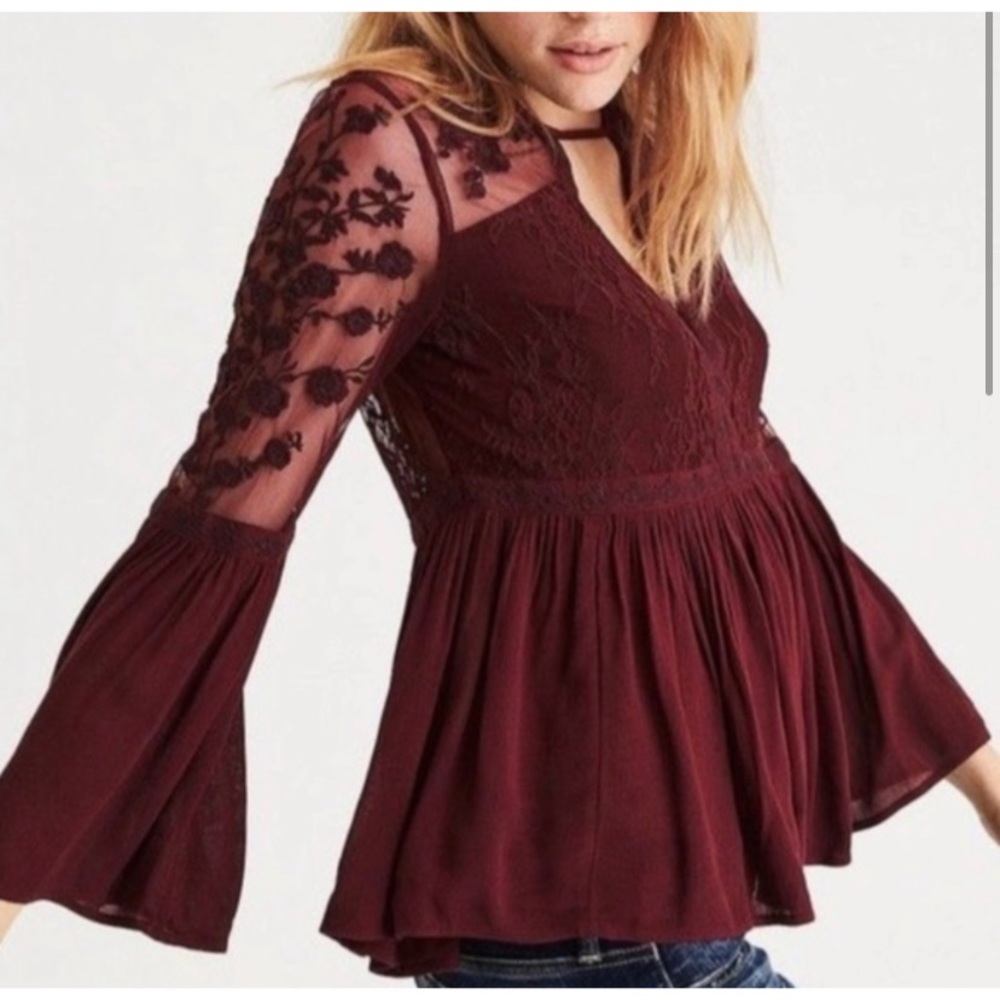 American Eagle Maroon Peplum Lace Top